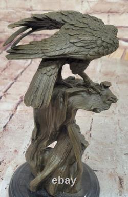 Bronze Eagle Perched on Marble Sculpture Classic Animal Opens Signed