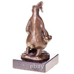 Bronze Easter Bunny Figurine on Antique Black Marble Signed