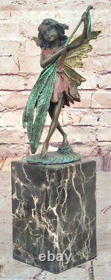 Bronze Fairy Holding Leaf Marble Base Signed by Artist Milo Mythique No.