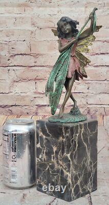 Bronze Fairy Holding Leaf Marble Base Signed by Artist Milo Mythique No.