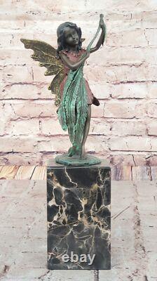Bronze Fairy Holding Leaf Marble Base Signed by Artist Milo Mythique No.