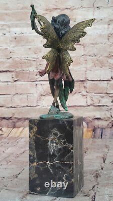 Bronze Fairy Holding Leaf Marble Base Signed by Artist Milo Mythique No.