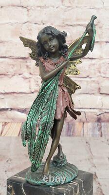 Bronze Fairy Holding Leaf Marble Base Signed by Artist Milo Mythique No.