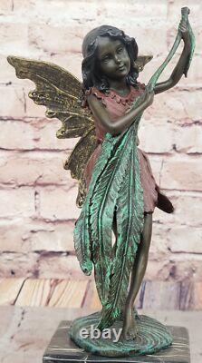 Bronze Fairy Holding Leaf Marble Base Signed by Artist Milo Mythique No.