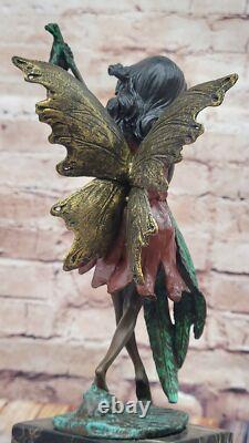 Bronze Fairy Holding Leaf Marble Base Signed by Artist Milo Mythique No.