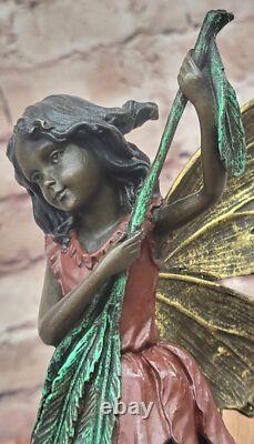 Bronze Fairy Holding Leaf Marble Base Signed by Artist Milo Mythique No.