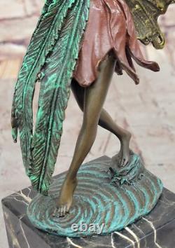 Bronze Fairy Holding Leaf Marble Base Signed by Artist Milo Mythique No.