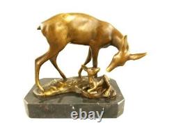 Bronze Figure of Deer with Fawn Mounted on Black Marble Signed