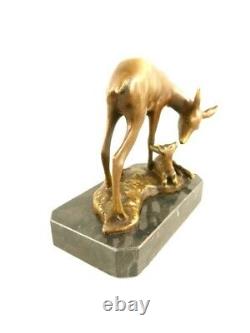 Bronze Figure of Deer with Fawn Mounted on Black Marble Signed