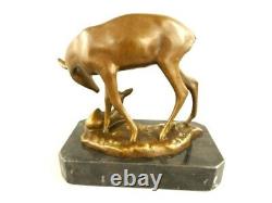 Bronze Figure of Deer with Fawn Mounted on Black Marble Signed