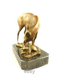 Bronze Figure of Deer with Fawn Mounted on Black Marble Signed