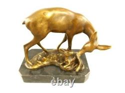 Bronze Figure of Deer with Fawn Mounted on Black Marble Signed