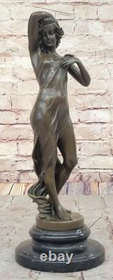 Bronze Fountain Sculpture Statue Draped Woman on Marble Base Signed J. Cassaigne