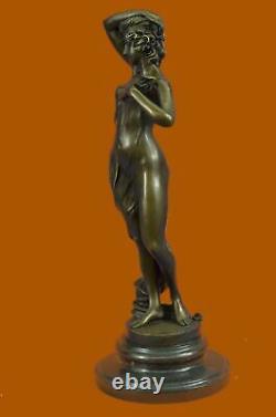 Bronze Fountain Sculpture Statue Draped Woman on Marble Base Signed J. Cassaigne