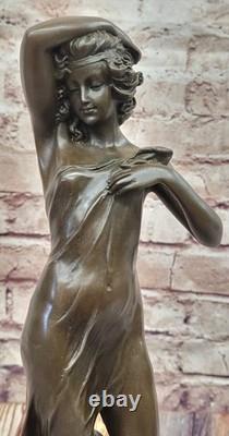 Bronze Fountain Sculpture Statue Draped Woman on Marble Base Signed J. Cassaigne