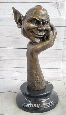 Bronze Goblin Gnome Signed by Juno Marble Base Sculpture Statue Cast