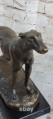Bronze Greyhound Dog Sculpture with Marble Base Signed Cast Figurine Sculpture