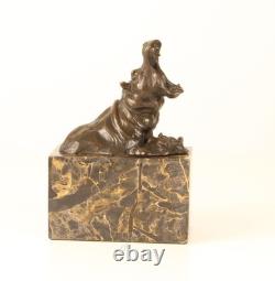 Bronze Hippopotamus Sculpture on a Black Marble Base After Milo