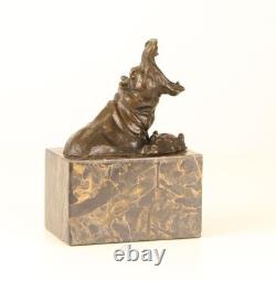 Bronze Hippopotamus Sculpture on a Black Marble Base After Milo