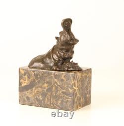 Bronze Hippopotamus Sculpture on a Black Marble Base After Milo