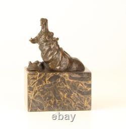 Bronze Hippopotamus Sculpture on a Black Marble Base After Milo
