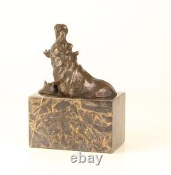 Bronze Hippopotamus Sculpture on a Black Marble Base After Milo