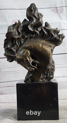 Bronze Horse Bust Stallion Sculpture Figurine on Marble Base Signed Art