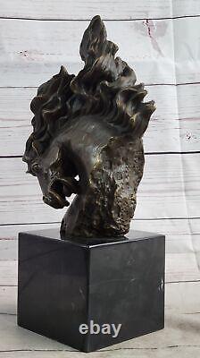 Bronze Horse Bust Stallion Sculpture Figurine on Marble Base Signed Art