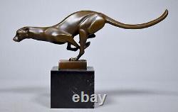 Bronze Leopard Sculpture on Vintage Marble Signed