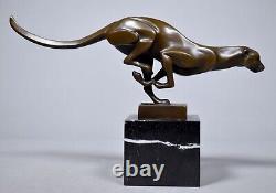 Bronze Leopard Sculpture on Vintage Marble Signed