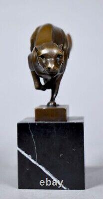 Bronze Leopard Sculpture on Vintage Marble Signed