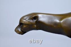 Bronze Leopard Sculpture on Vintage Marble Signed