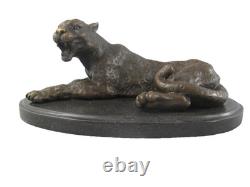 Bronze Leopard Sculpture on a Black Marble Base, Signed