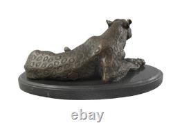 Bronze Leopard Sculpture on a Black Marble Base, Signed