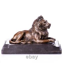 Bronze Lion Sculpture on Black Marble After Barye Vintage