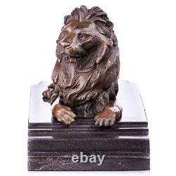 Bronze Lion Sculpture on Black Marble After Barye Vintage