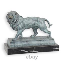 Bronze Lion Sculpture with Green Patina on Black Marble Base Signed