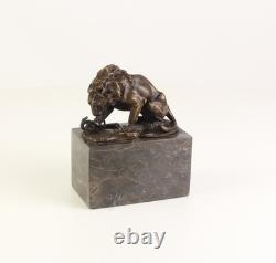 Bronze Lion and Snake Sculpture on a Black Marble Base, Signed