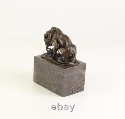 Bronze Lion and Snake Sculpture on a Black Marble Base, Signed