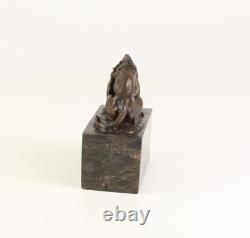 Bronze Lion and Snake Sculpture on a Black Marble Base, Signed