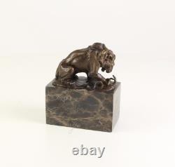 Bronze Lion and Snake Sculpture on a Black Marble Base, Signed