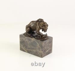 Bronze Lion and Snake Sculpture on a Black Marble Base, Signed