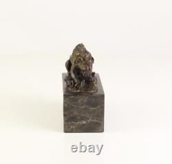 Bronze Lion and Snake Sculpture on a Black Marble Base, Signed