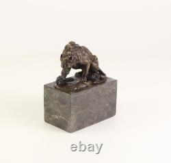 Bronze Lion and Snake Sculpture on a Black Marble Base, Signed
