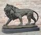 Bronze Male Lion Art Sculpture Signed By Barye With Marble Base
