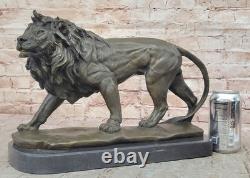 Bronze Male Lion Art Sculpture Signed by Barye with Marble Base