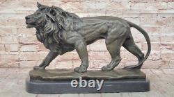 Bronze Male Lion Art Sculpture Signed by Barye with Marble Base
