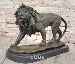 Bronze Male Lion Art Sculpture Signed by Barye with Marble Base