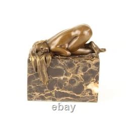 Bronze Nude Woman Sculpture on a Black Marble Base Signed