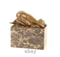 Bronze Nude Woman Sculpture on a Black Marble Base Signed